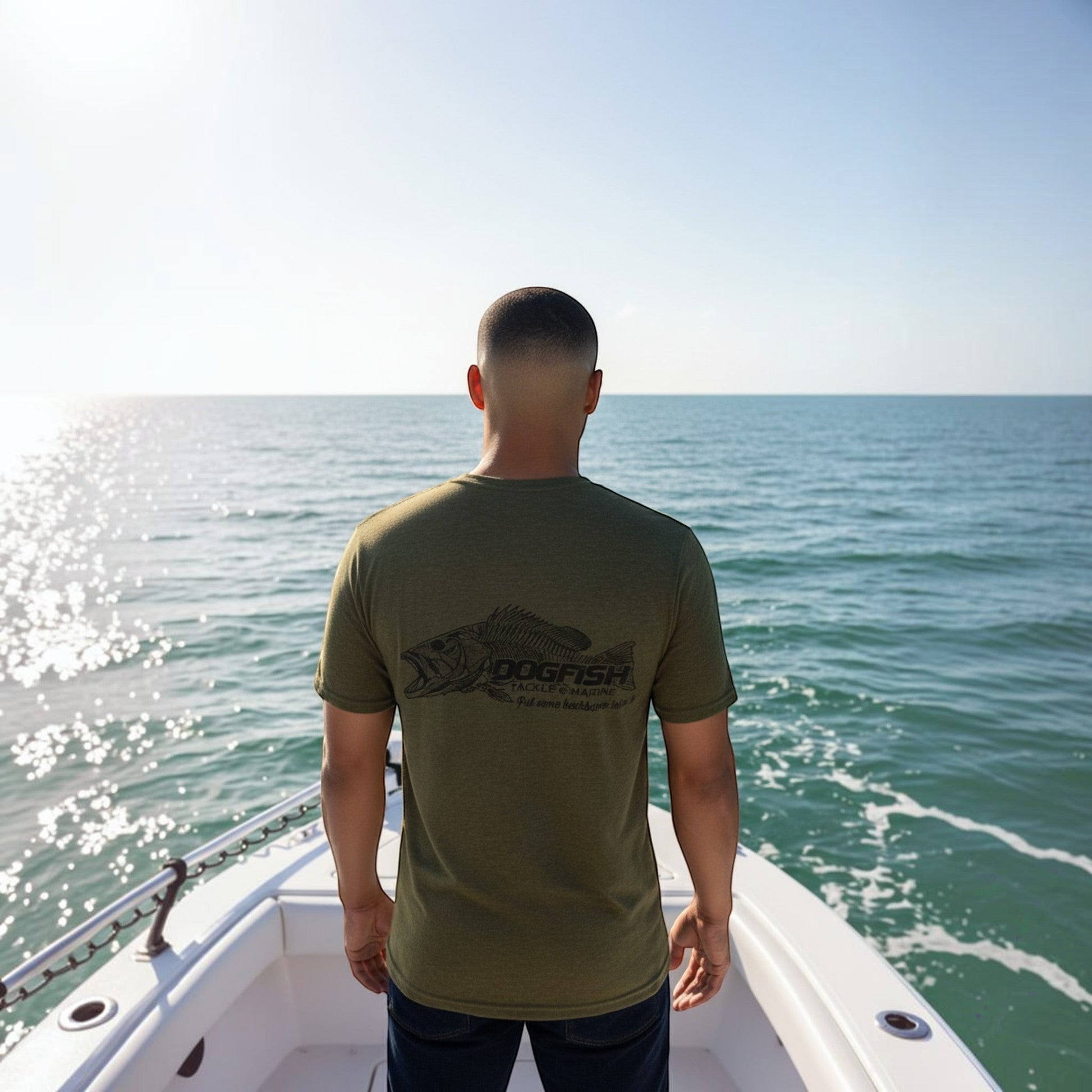Dogfish Tackle & Marine olive green heather short sleeve t-shirt with skeleton fish graphic on back.