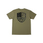 Dogfish Tackle & Marine short sleeve olive green poly cotton t-shirt with shield logo featuring fish and brand name.