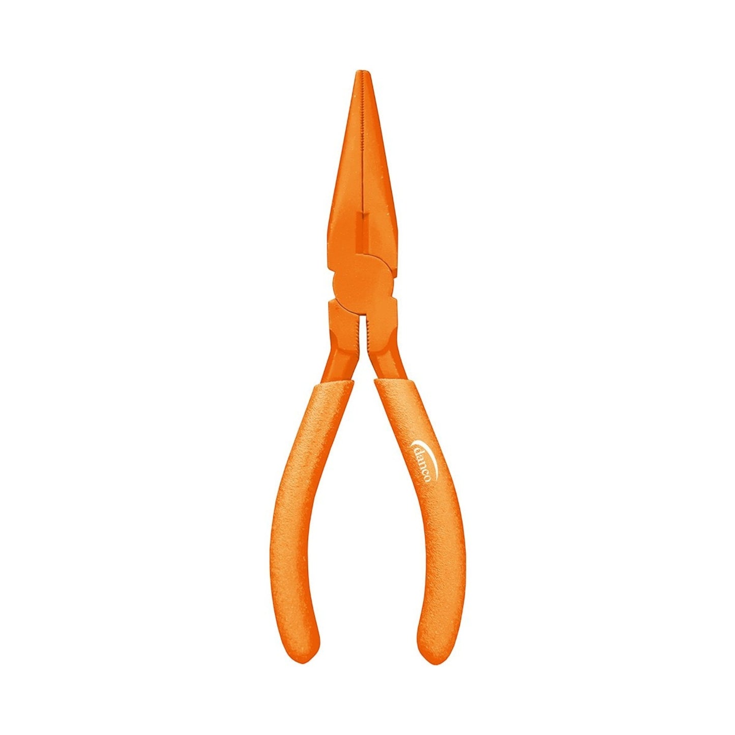 Dogfish Tackle & Marine 6 inch orange carbon steel needle nose fishing pliers with slip-resistant PVC dipped handles.