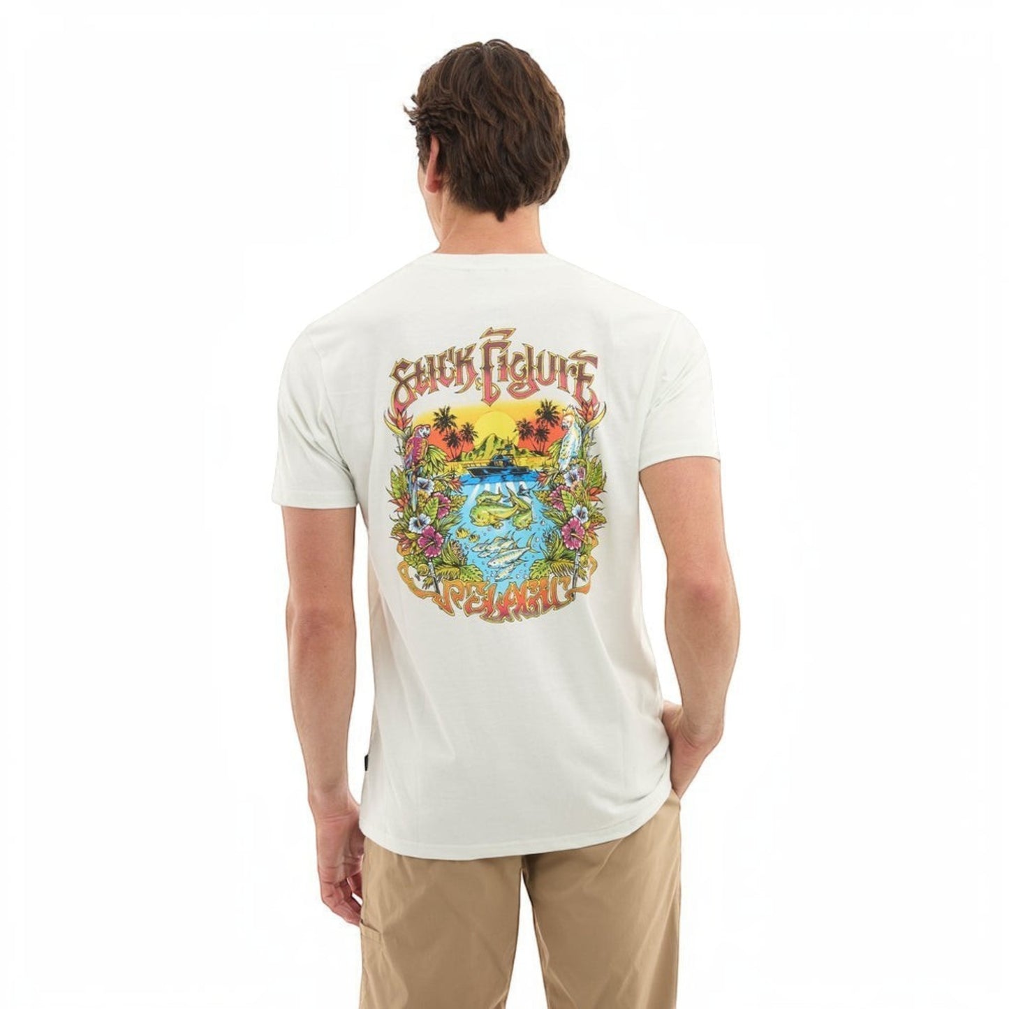 Dogfish Tackle & Marine white cotton-poly blend t-shirt with a colorful tropical graphic and "Stick Figure" text on the back.