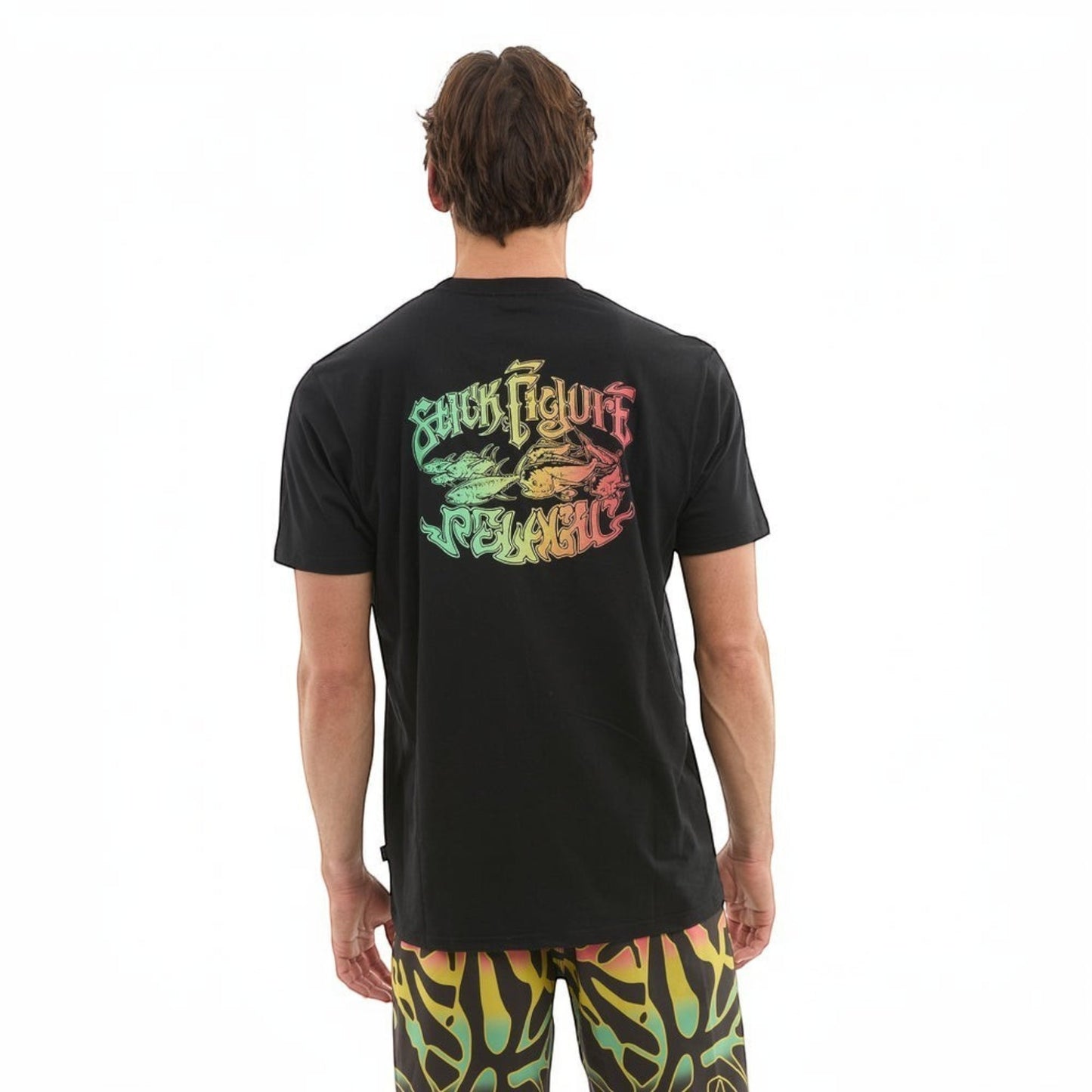 Dogfish Tackle & Marine black cotton-poly t-shirt with colorful "Stick Figure Pelagic" graphic on back.