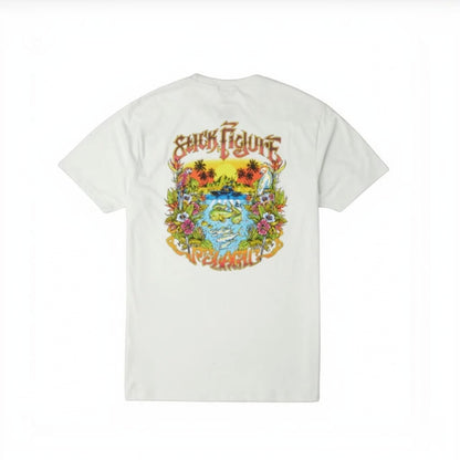 Dogfish Tackle & Marine white cotton poly t-shirt with colorful tropical scene graphic on back