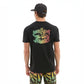 Dogfish Tackle & Marine black cotton poly t-shirt with colorful "Stick Figure Pelagic" graphic on back. Modern fit.
