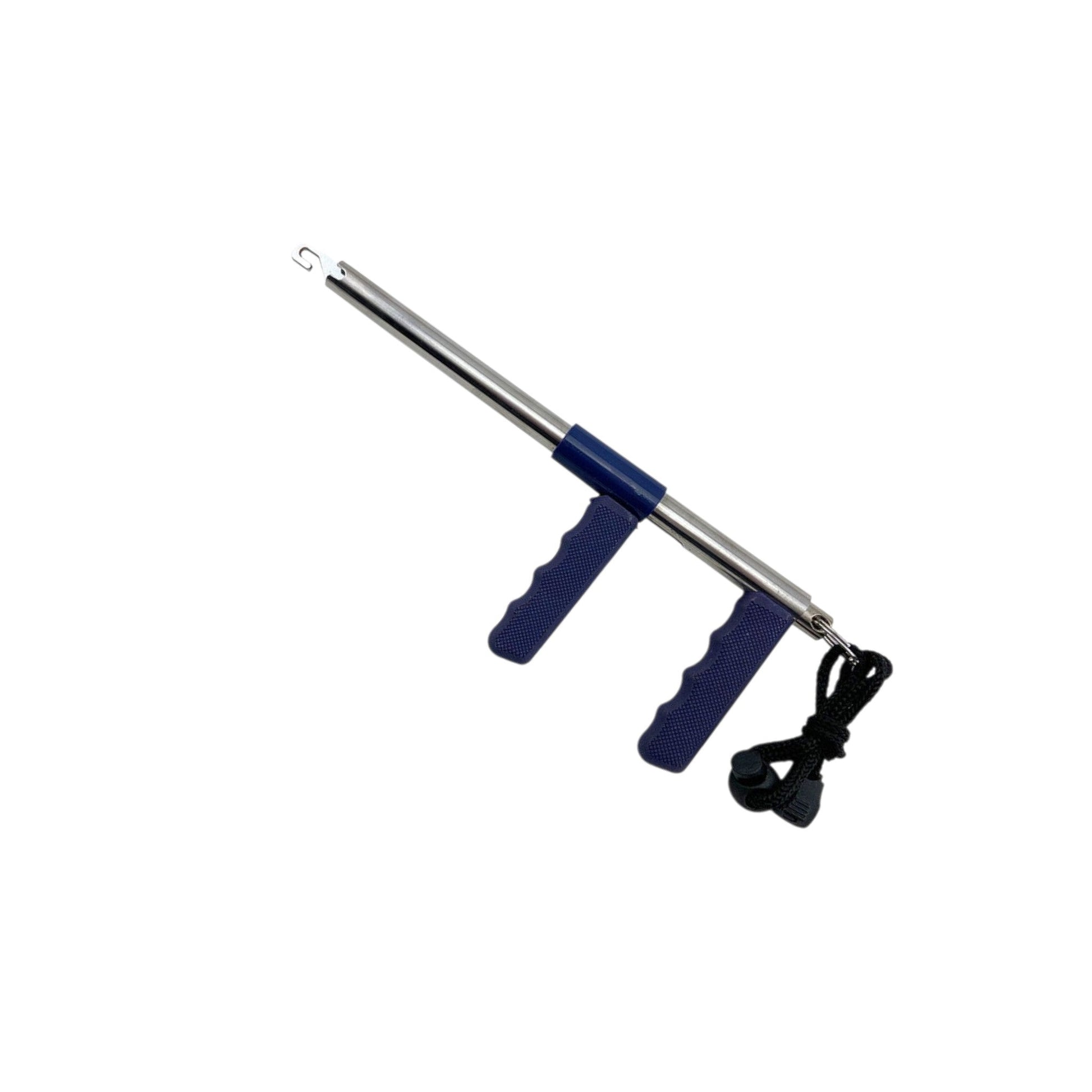 Dogfish Tackle & Marine stainless steel pistol grip fish dehooker with blue ergonomic handle and safety lanyard