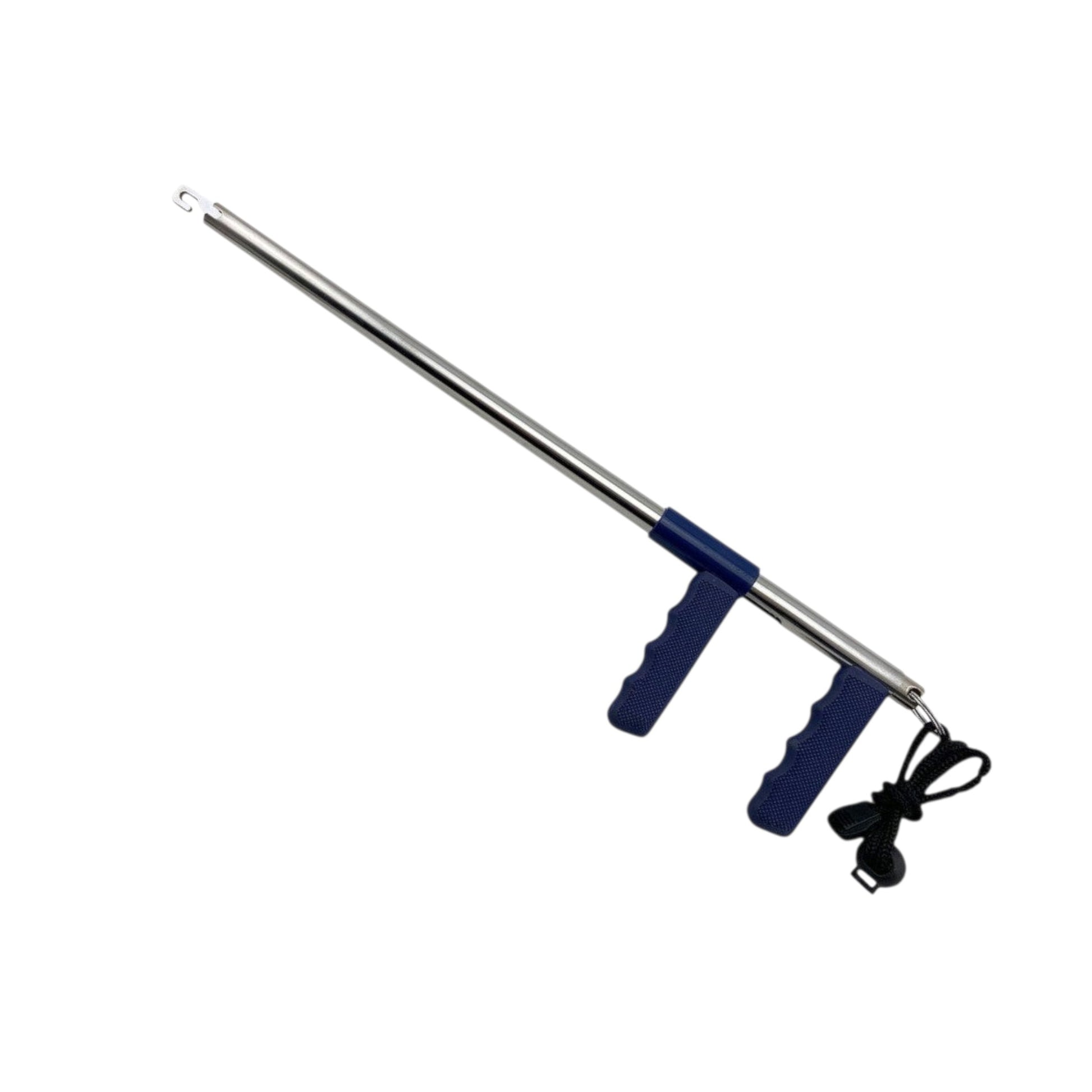 Dogfish Tackle & Marine stainless steel pistol grip fish dehooker with blue ergonomic handle and safety lanyard
