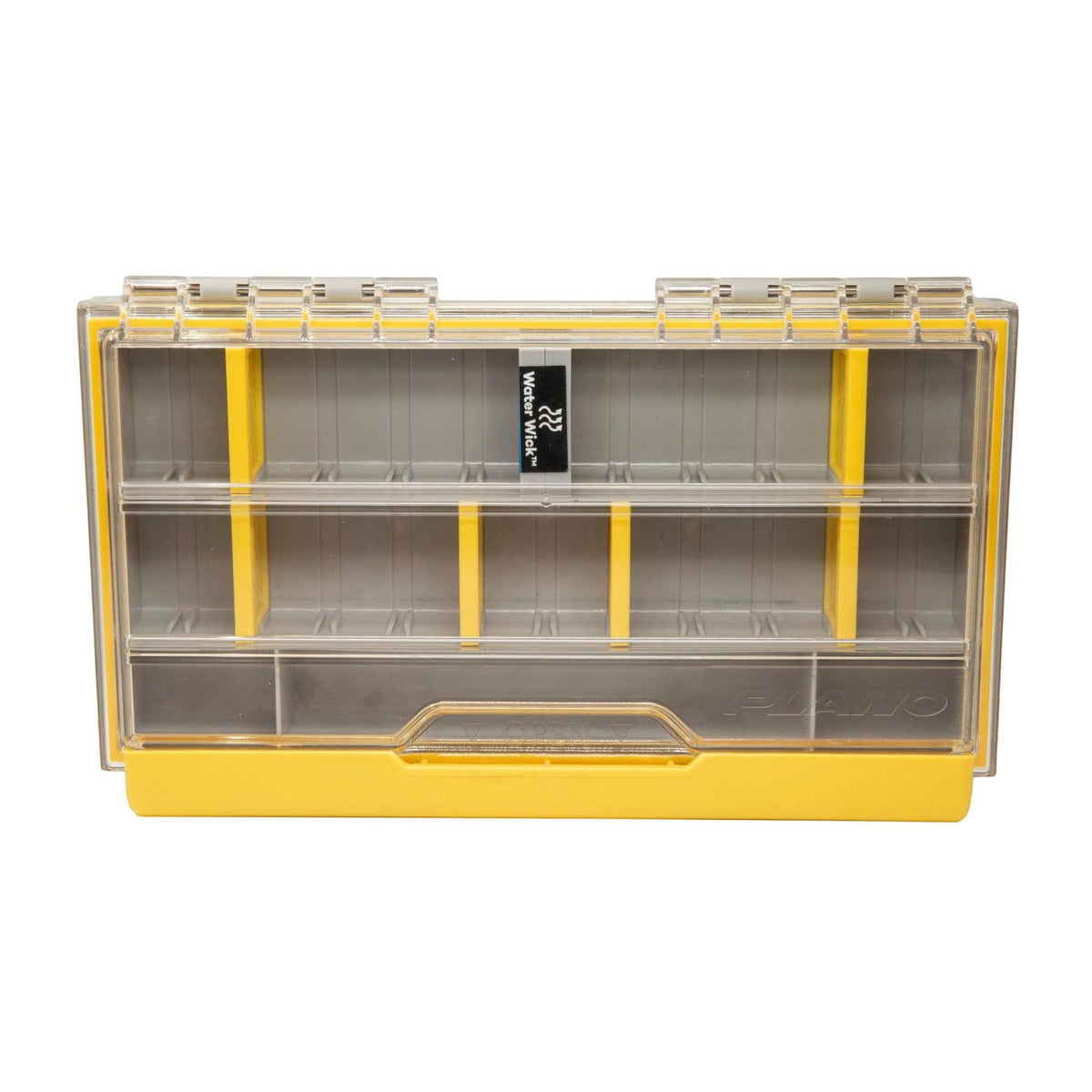 Dogfish Tackle & Marine Plano Edge 3500 utility box with clear lid, yellow base, and internal dividers for fishing gear