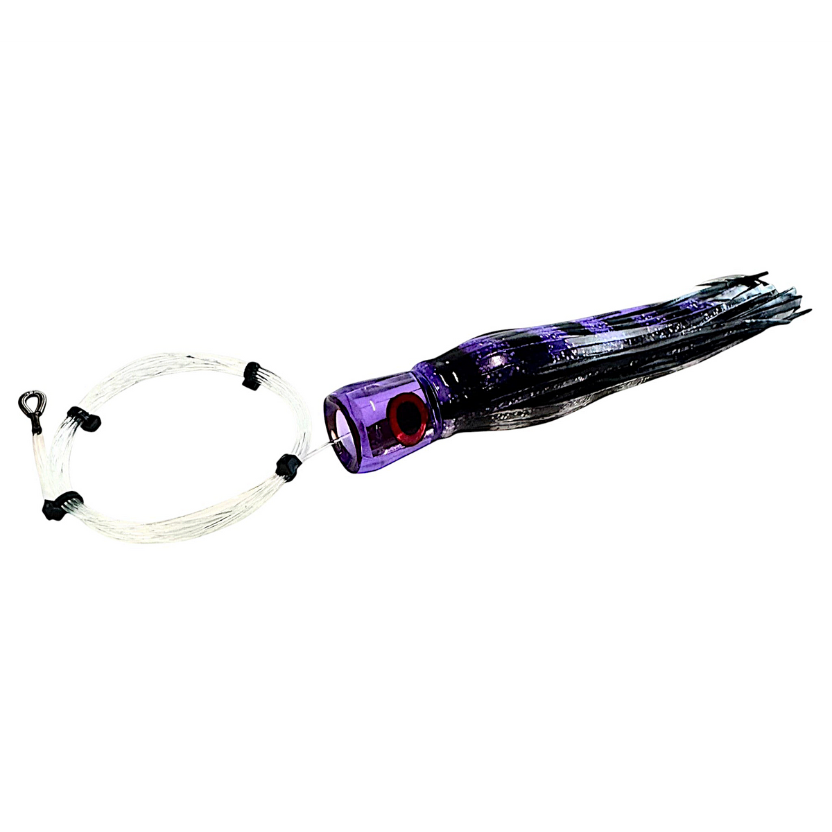 Dogfish Tackle & Marine pre-rigged purple and black chugger trolling lure with monofilament leader and stainless hook