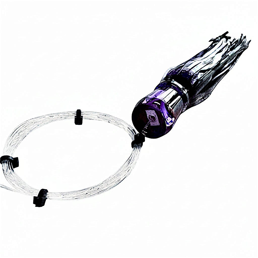 Dogfish Tackle & Marine purple and silver chugger trolling lure with monofilament leader for offshore game fishing