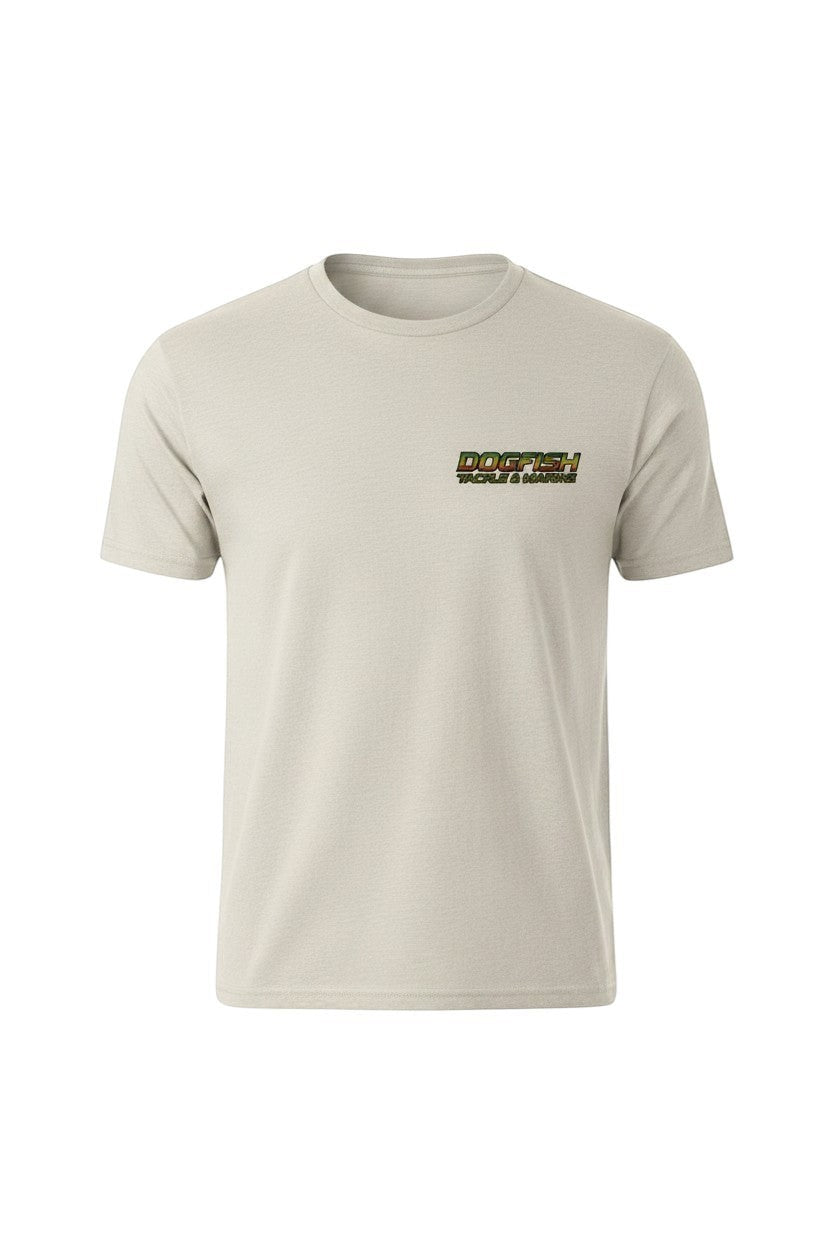 Dogfish Tackle & Marine light beige poly-cotton blend short sleeve t-shirt with Rasta Hogfish logo on left chest.