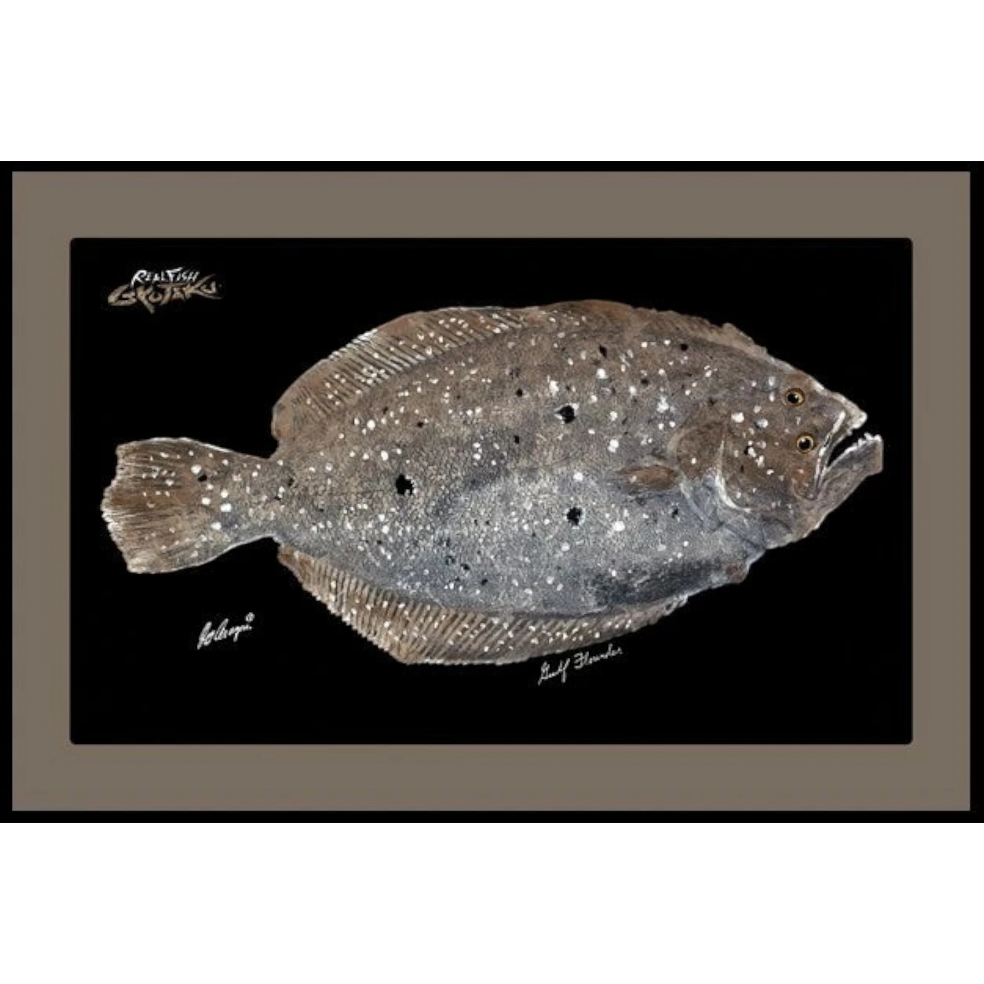Dogfish Tackle & Marine Realfish indoor outdoor floor mat featuring a detailed Gyotaku Gulf Flounder fish print.