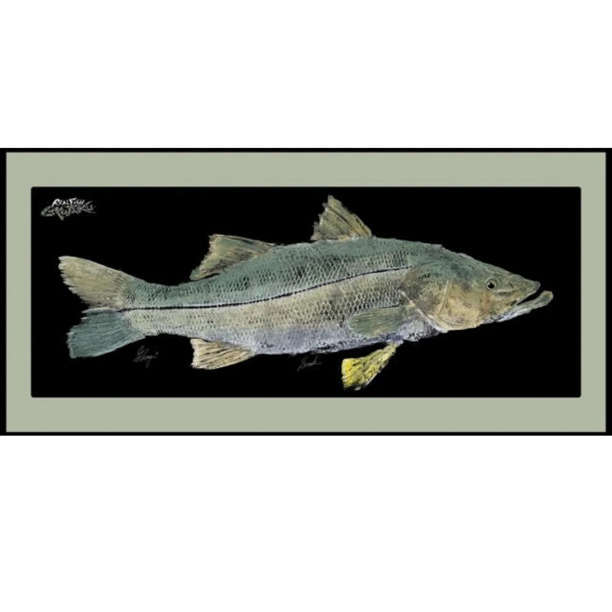 Dogfish Tackle & Marine Realfish floor mat featuring a detailed Gyotaku snook fish print on a black background.