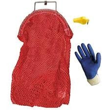 Dogfish Tackle & Marine red mesh scallop bag with knife, blue gloves, and yellow whistle.