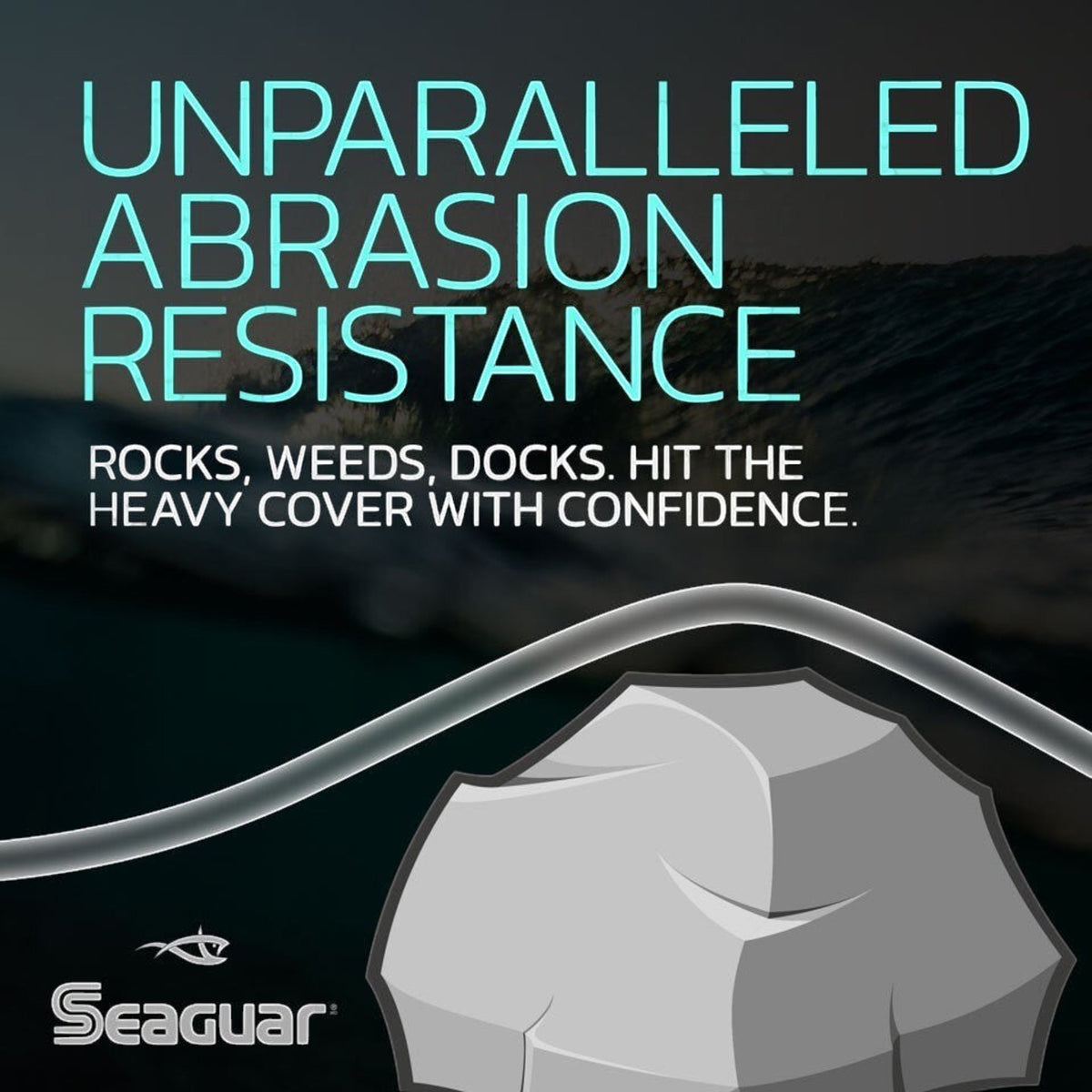 Dogfish Tackle & Marine Seaguar Gold Label fluorocarbon fishing line graphic showing abrasion resistance against rocks