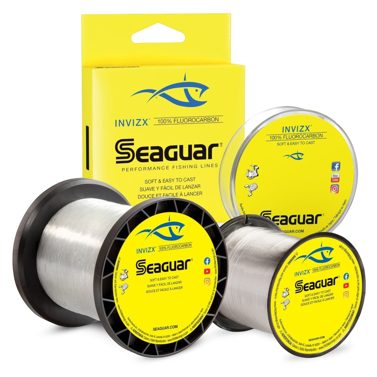 Dogfish Tackle & Marine Seaguar INVIZX 100% fluorocarbon fishing line spools with yellow retail packaging