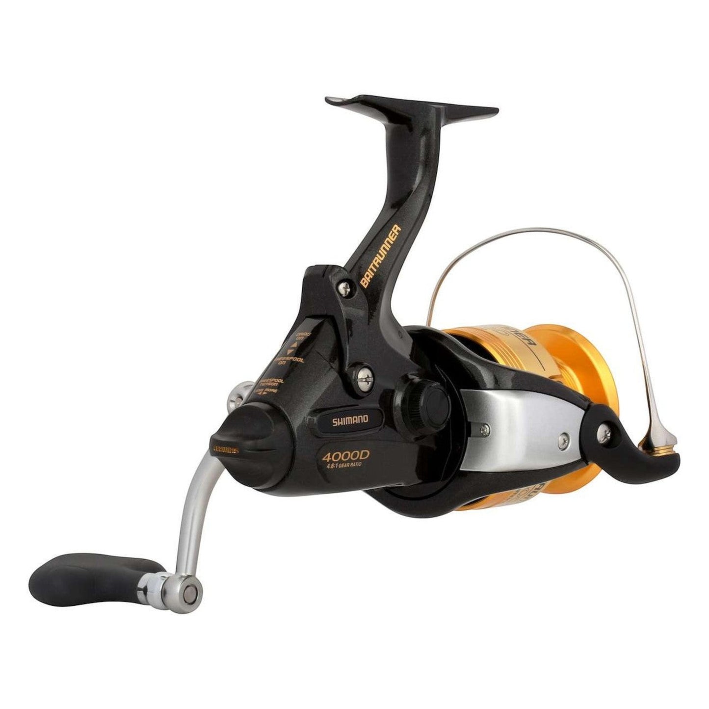 Dogfish Tackle & Marine Shimano Baitrunner 4000D spinning reel with black body and gold spool. Features Baitrunner system and 4.8:1 gear ratio.