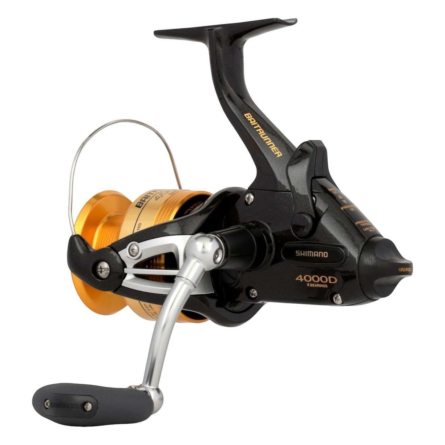 Dogfish Tackle & Marine Shimano Baitrunner 4000D spinning reel with gold spool and black body, featuring a Baitrunner lever.