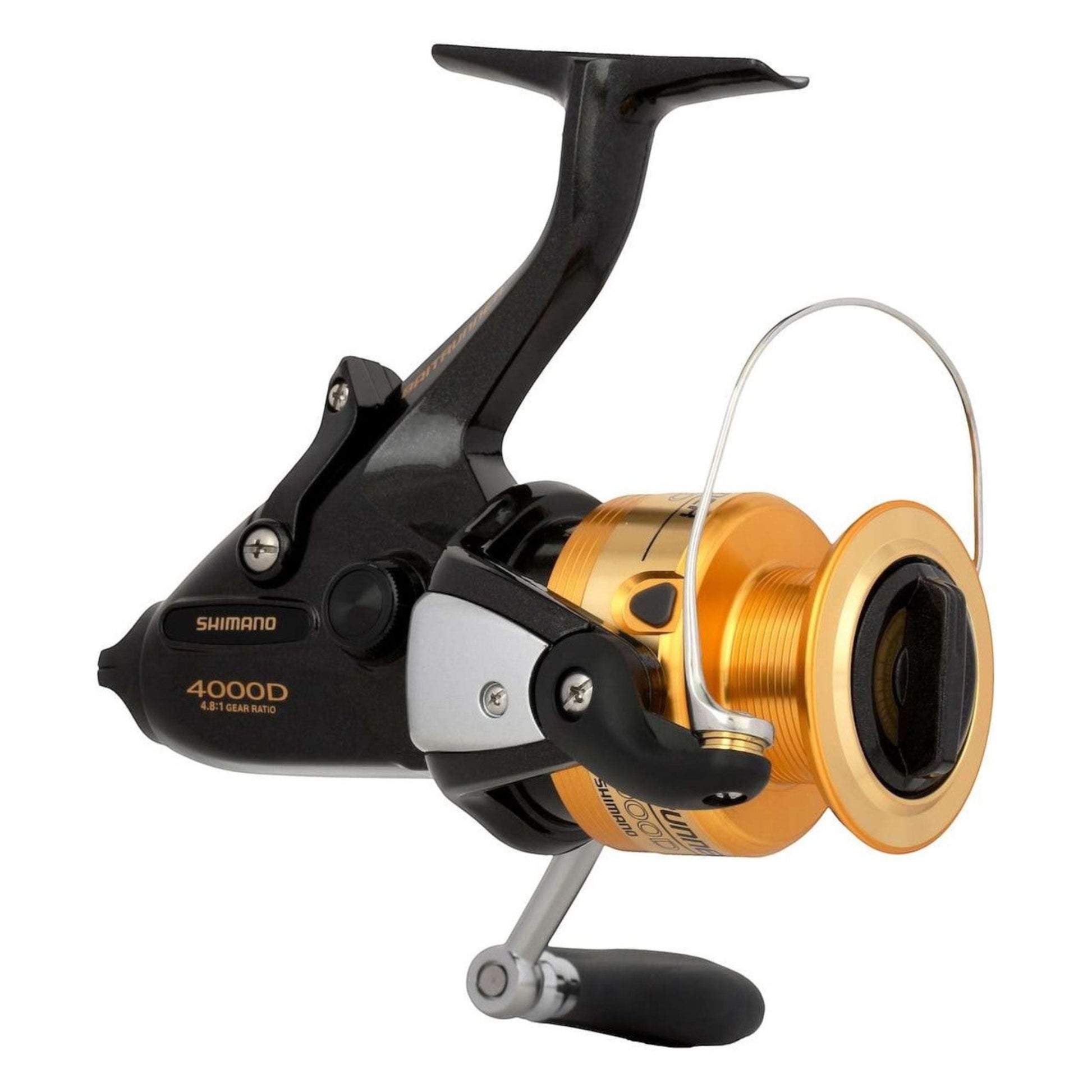 Dogfish Tackle & Marine Shimano Baitrunner D 4000D spinning reel, black and gold, with a 4.8:1 gear ratio.