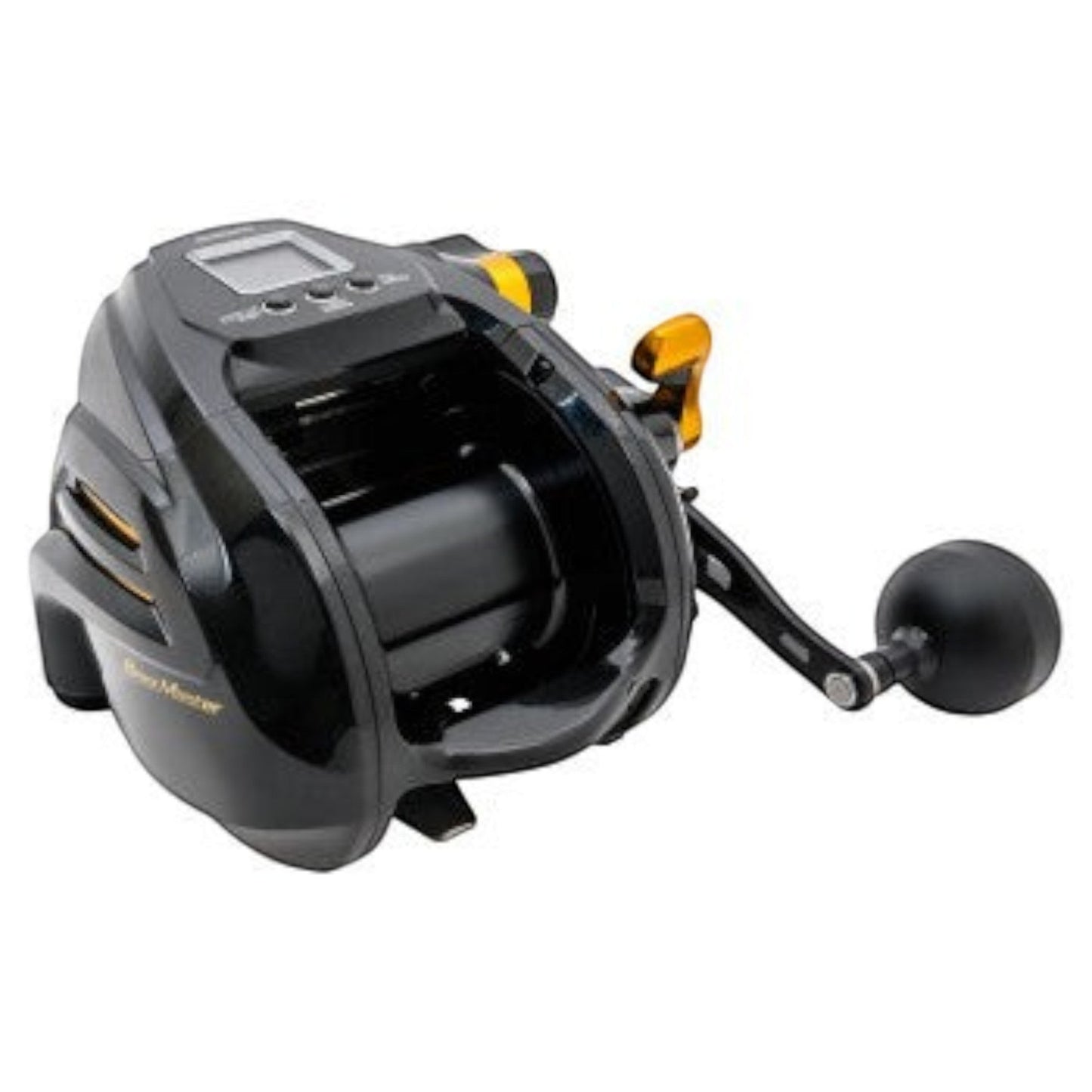 Dogfish Tackle & Marine Shimano Beastmaster 9000B electric fishing reel, black with gold accents, digital display, and power handle.