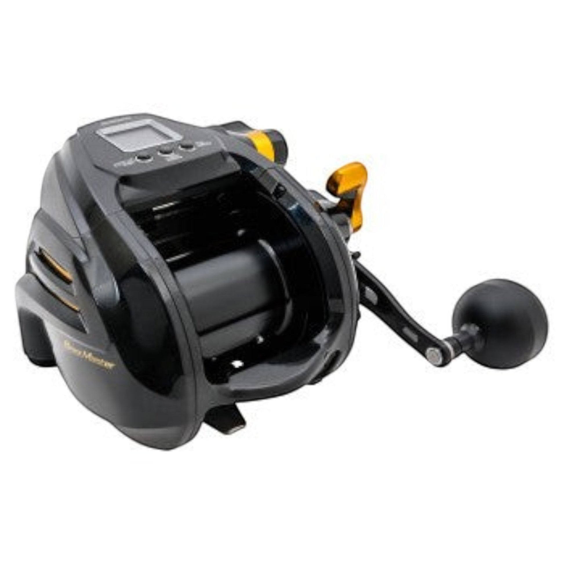 Dogfish Tackle & Marine Shimano Beastmaster 9000B electric fishing reel, black with gold accents, digital display, and power handle.