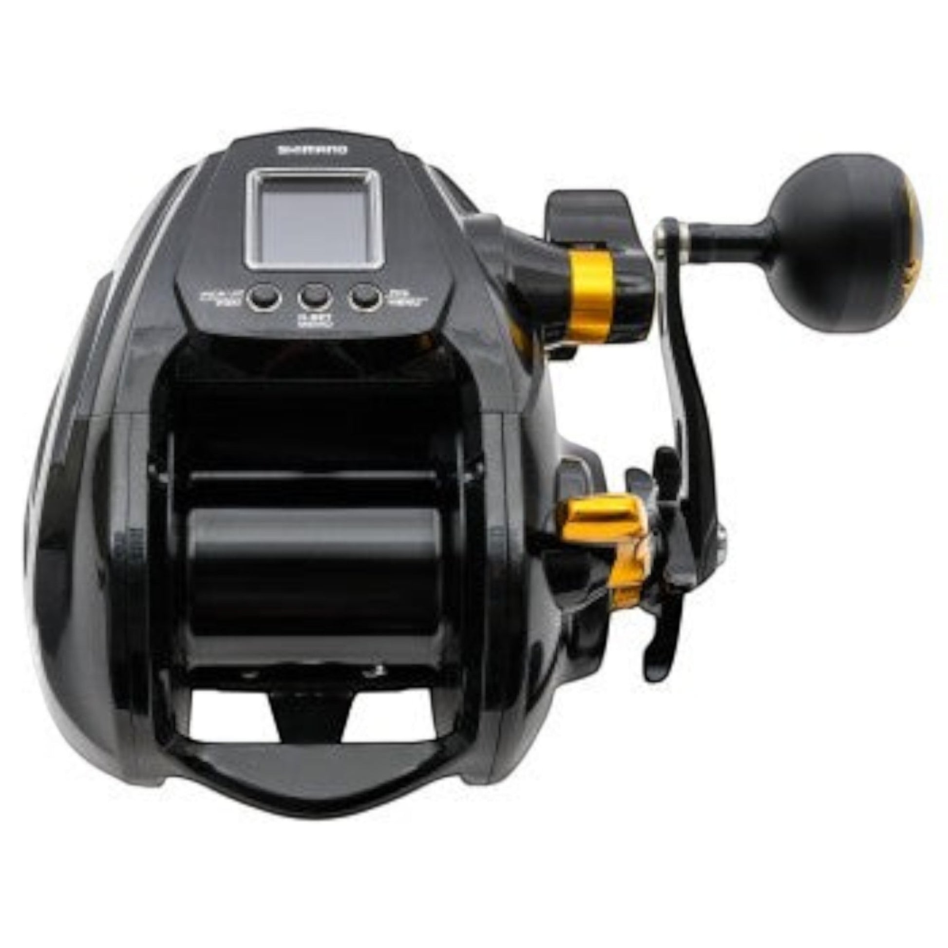 Dogfish Tackle & Marine Shimano Beastmaster 9000B electric fishing reel, black with gold accents, digital display, and large handle.