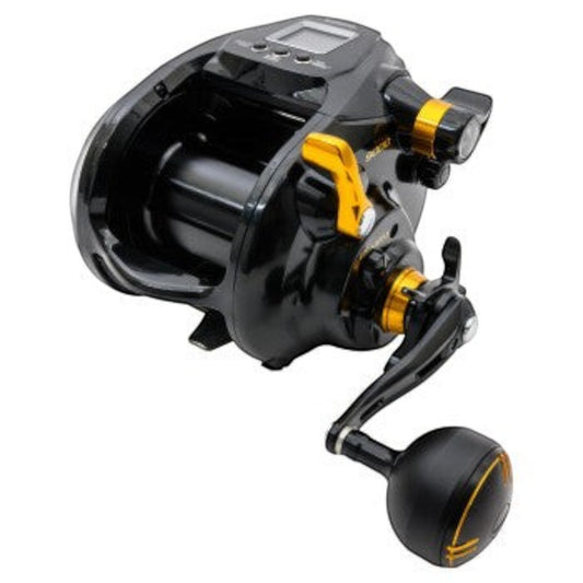 Dogfish Tackle & Marine Shimano Beastmaster 9000B electric fishing reel, black with gold accents, digital display, and large handle.