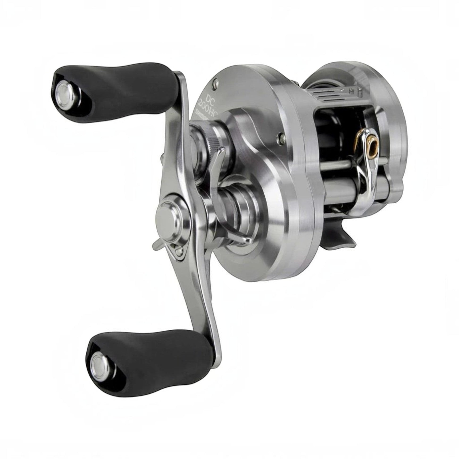 Dogfish Tackle & Marine Shimano Calcutta Conquest DC 200 silver metal baitcasting reel with black handle knobs.