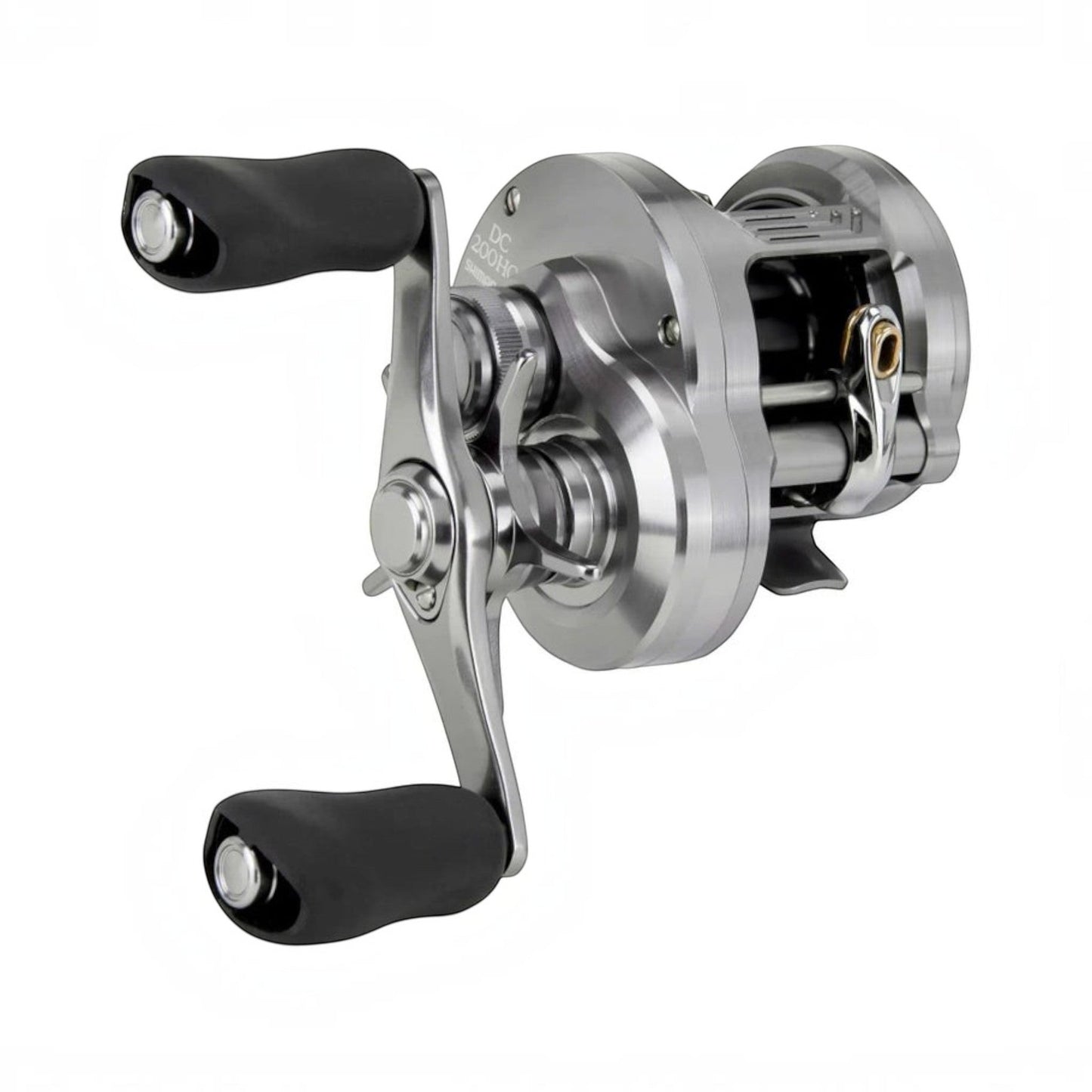 Dogfish Tackle & Marine Shimano Calcutta Conquest DC 200 silver metal baitcasting reel with black ergonomic handles.