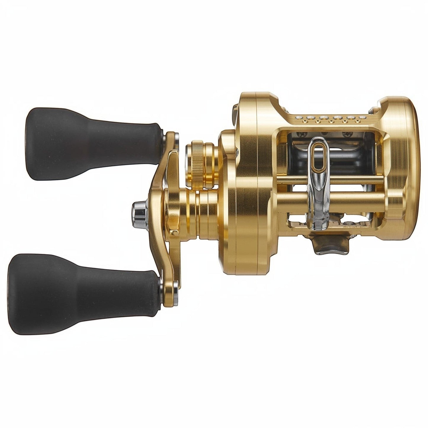 Dogfish Tackle & Marine Shimano Calcutta Conquest MD casting reel, gold finish, with black ergonomic grips and silver accents.