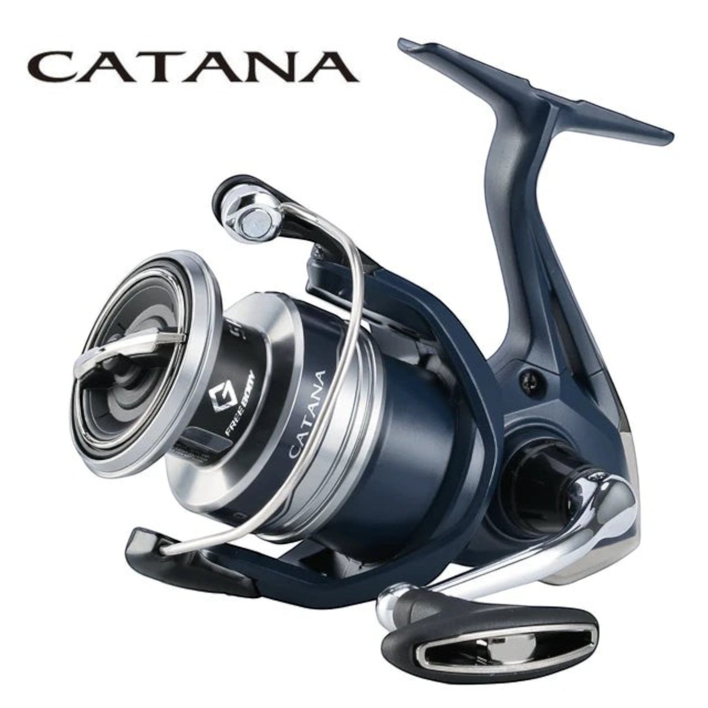 Dogfish Tackle & Marine Shimano Catana FE dark blue spinning fishing reel with silver spool and black handle.