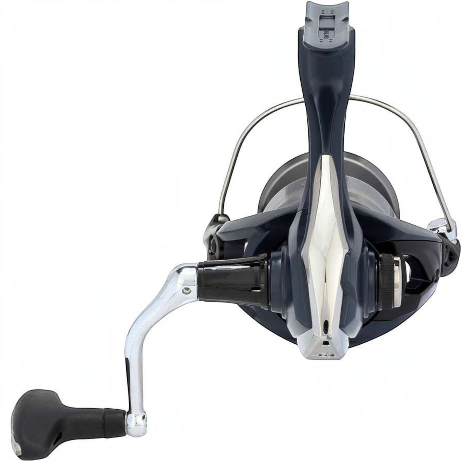 Dogfish Tackle & Marine Shimano Catana FE spinning reel in dark blue and silver with black handle. Features AR-C spool and Varispeed II line lay.