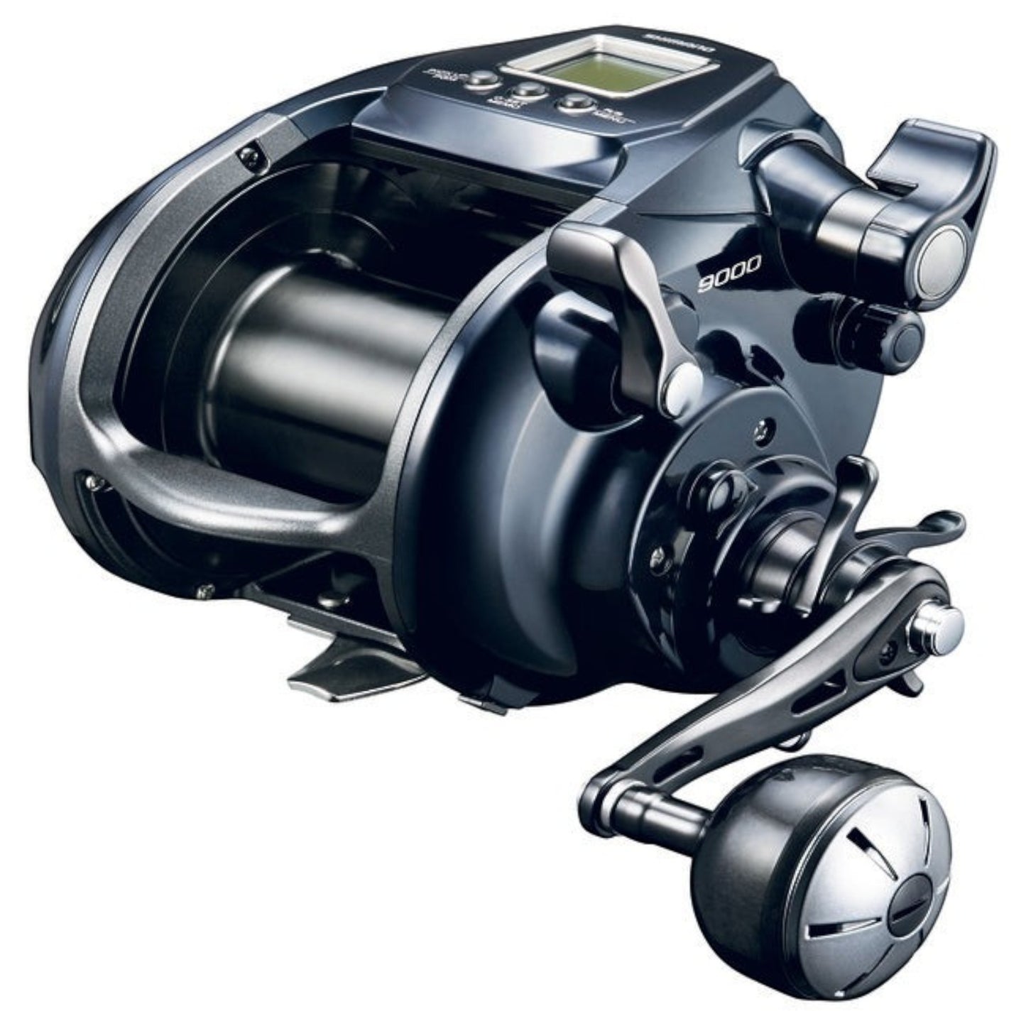 Dogfish Tackle & Marine Shimano ForceMaster 9000A electric fishing reel, dark blue and silver, with digital display and crank handle.