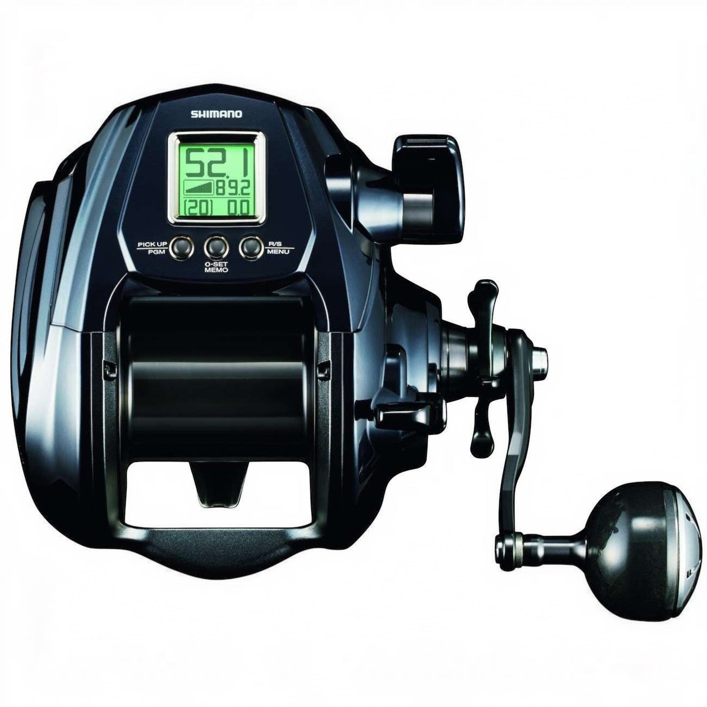 Dogfish Tackle & Marine Shimano ForceMaster 9000A electric fishing reel, black, with digital display and crank handle.