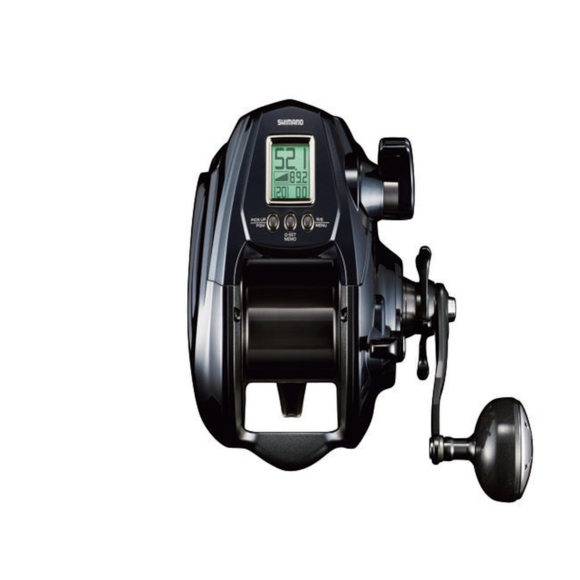 Dogfish Tackle & Marine Shimano ForceMaster 9000A electric fishing reel, black, with digital display and manual crank.