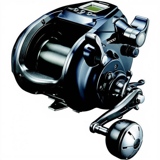 Dogfish Tackle & Marine Shimano ForceMaster 9000A electric fishing reel, dark blue, with digital display and silver handle.