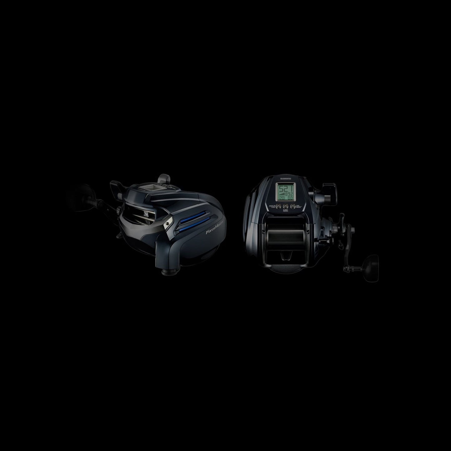Dogfish Tackle & Marine Shimano ForceMaster 9000A electric fishing reel, dark blue and black with digital display and silver accents.