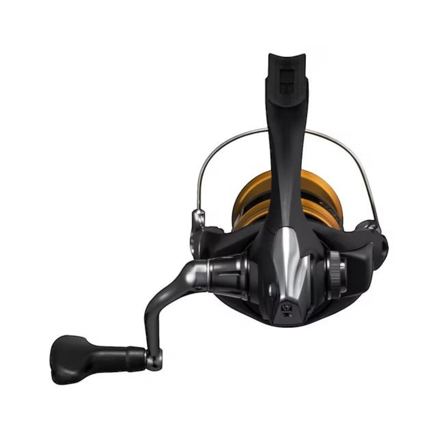 Dogfish Tackle & Marine Shimano FX spinning reel with black body and gold spool. Features a silver accent and black handle.