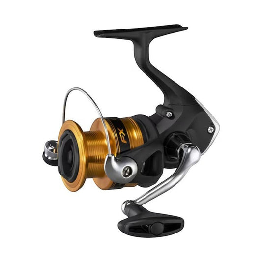 Dogfish Tackle & Marine Shimano FX spinning reel with gold spool and black body, featuring a silver handle and black grip.