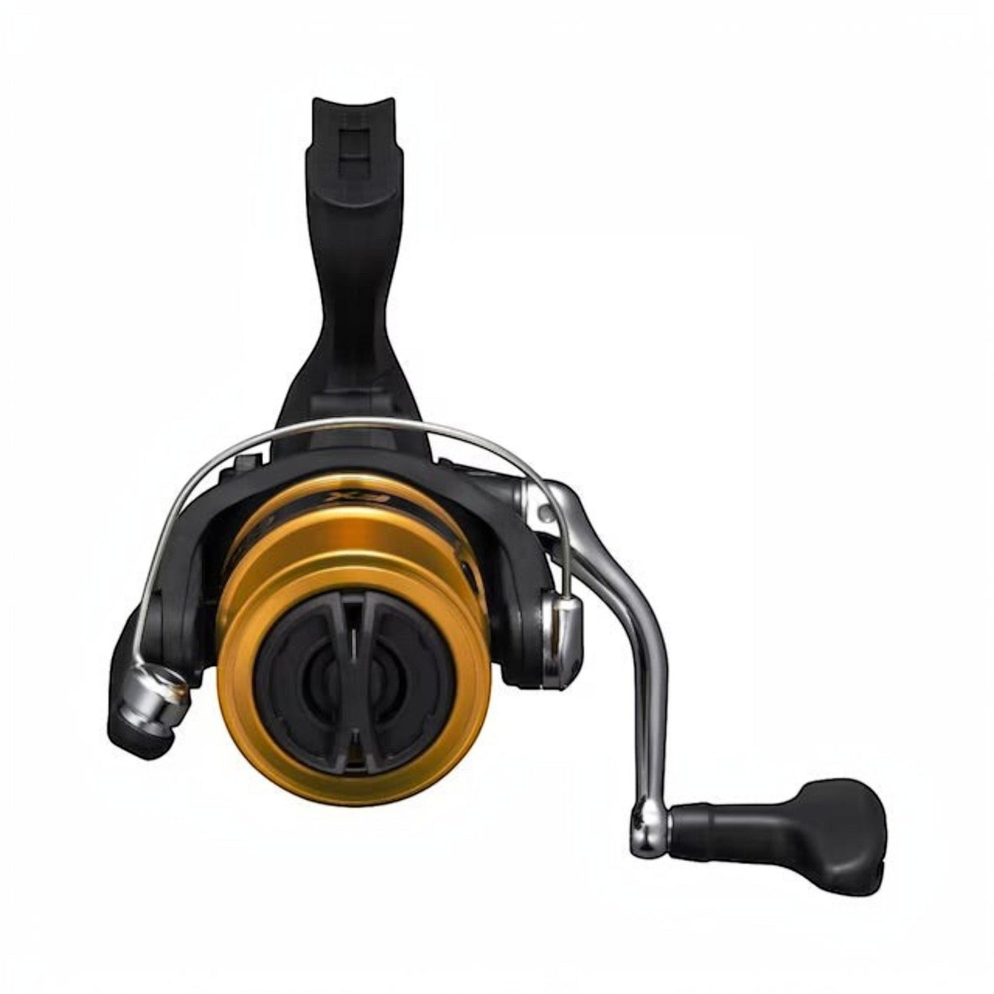 Dogfish Tackle & Marine Shimano FX spinning reel with gold spool and black body. Features a silver handle and black grip.