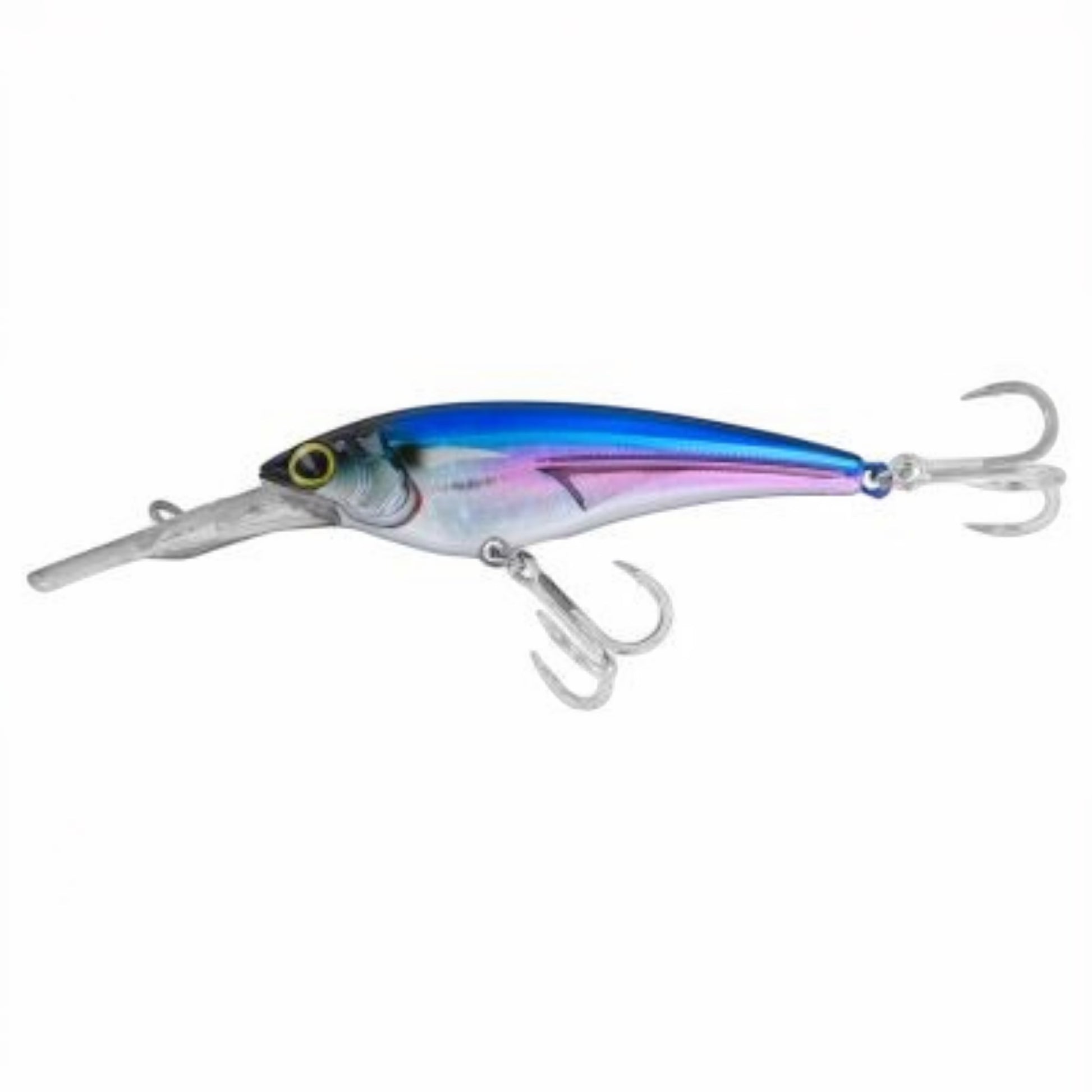 Dogfish Tackle & Marine Shimano Ledge Runner fishing lure with blue, pink, and silver finish, two treble hooks.