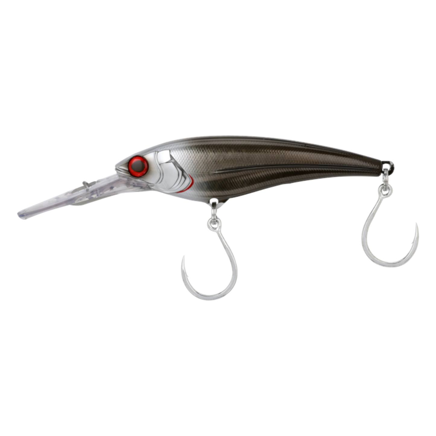 Dogfish Tackle & Marine Shimano Ledge Runner lure, silver with dark stripes, red eyes, and two treble hooks.