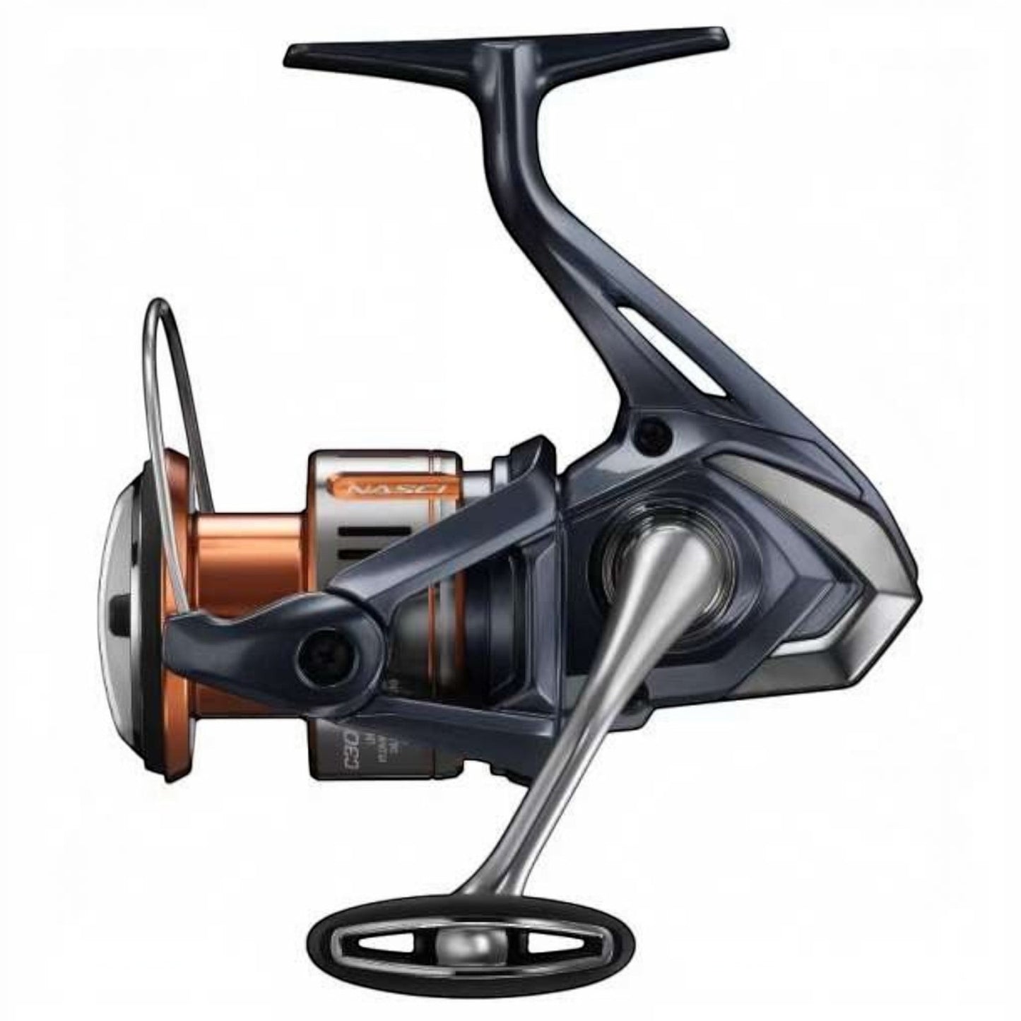 Dogfish Tackle & Marine Shimano Nasci FD spinning reel in dark grey and copper with silver handle. Features a bail wire and spool.