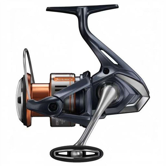 Dogfish Tackle & Marine Shimano Nasci FD spinning reel in dark grey and copper with silver handle. Features a bail wire and spool.