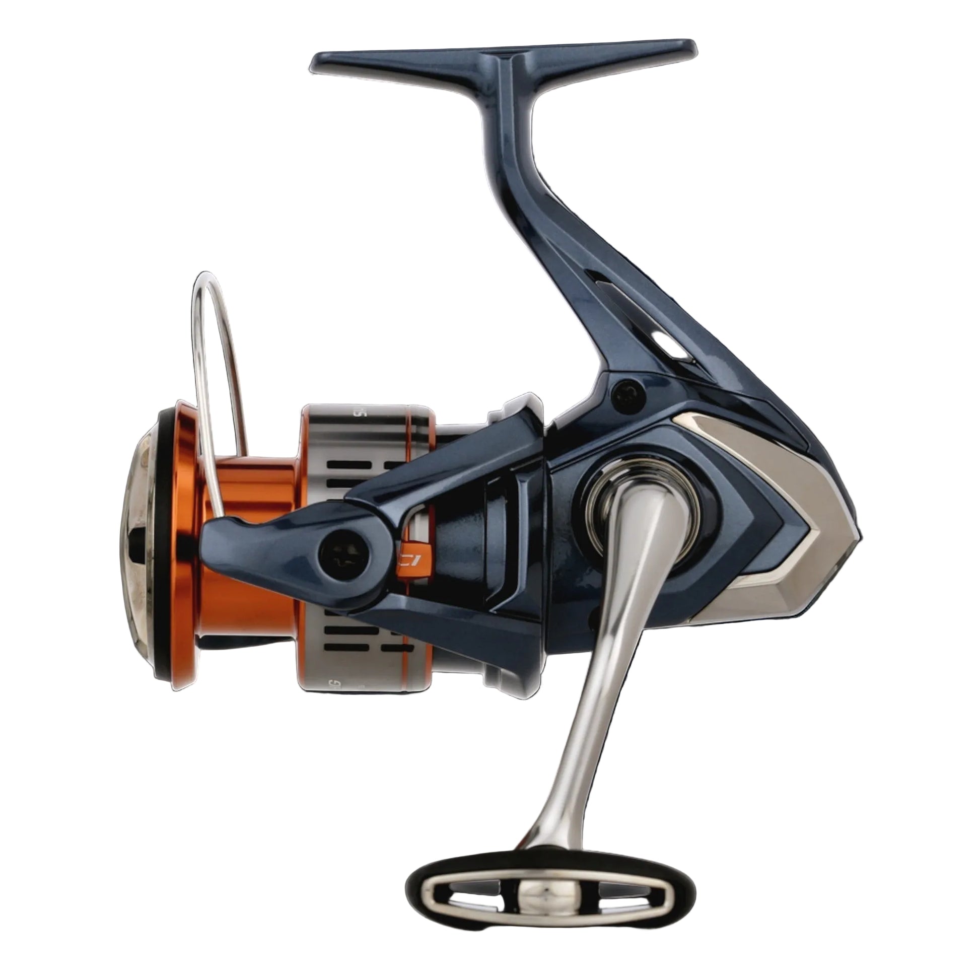 Dogfish Tackle & Marine Shimano Nasci FD spinning reel in dark blue and orange with silver handle.
