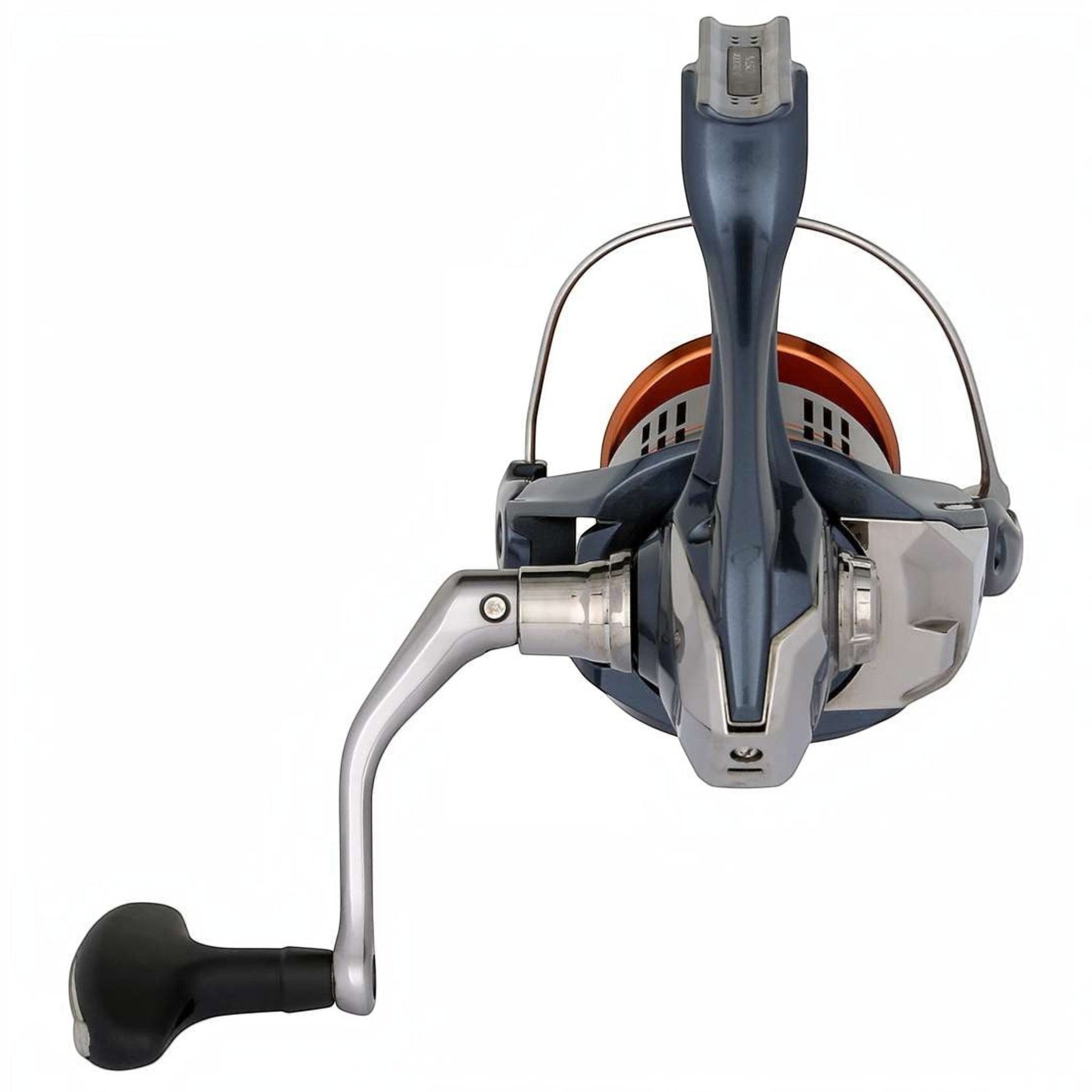 Dogfish Tackle & Marine Shimano Nasci FD spinning reel in blue and silver with orange accents. Features a folding handle and black grip.