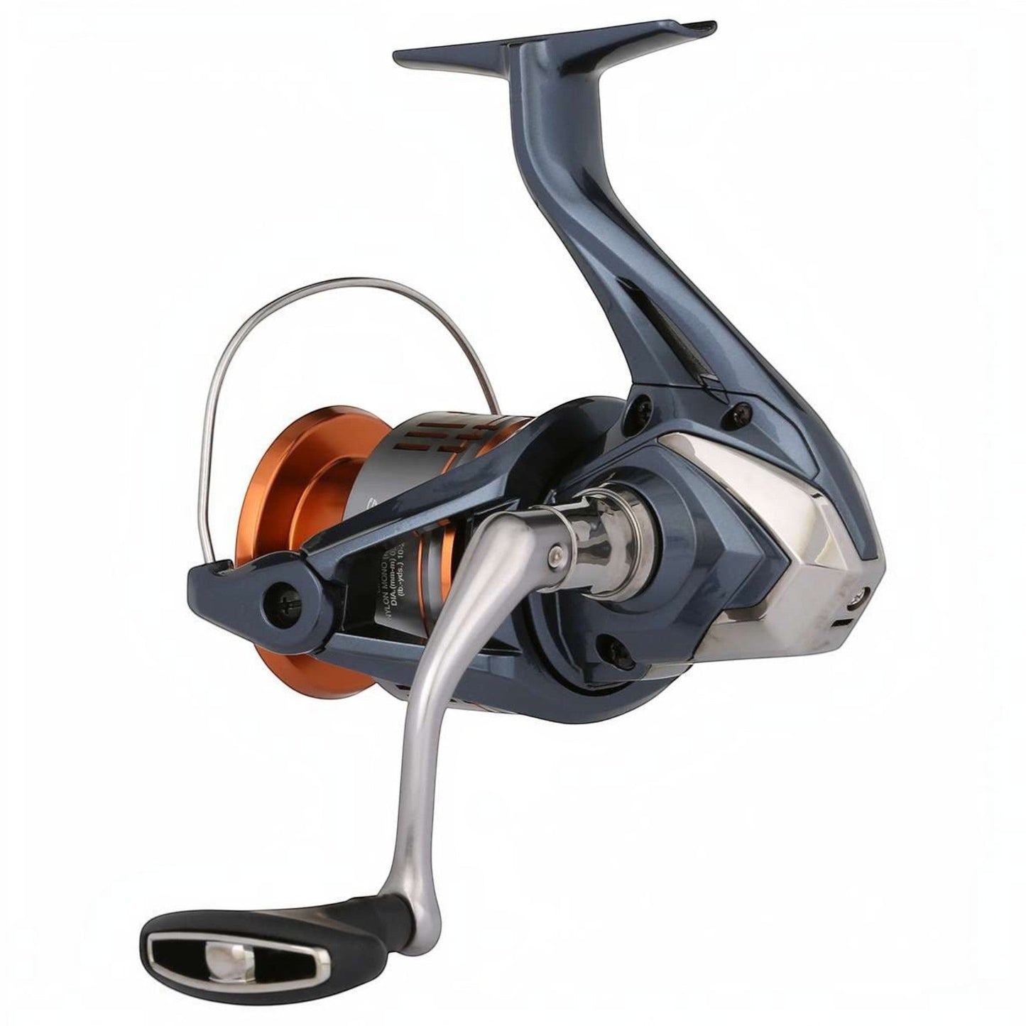 Dogfish Tackle & Marine Shimano Nasci FD spinning reel in dark blue and copper with silver handle and black grip.