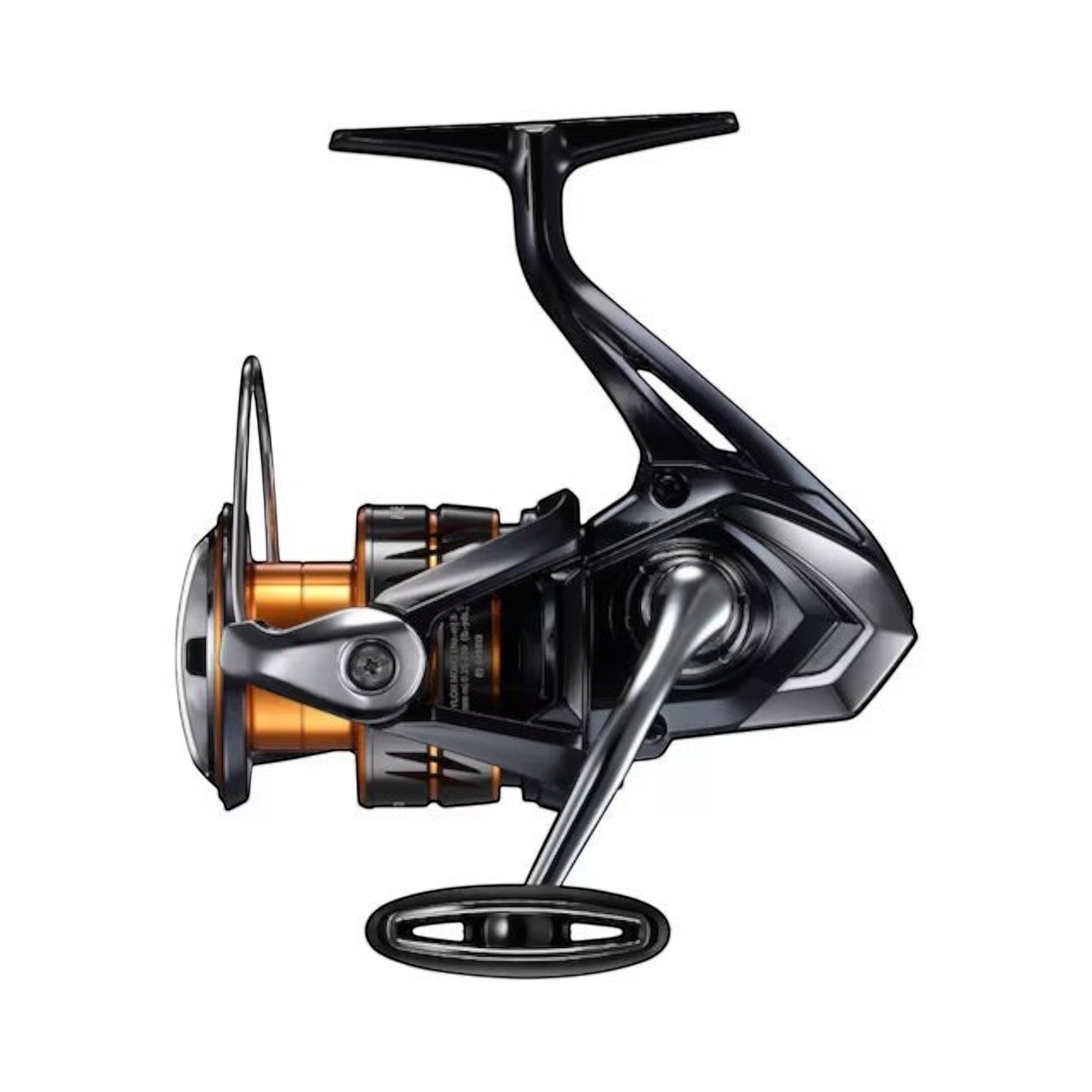Dogfish Tackle & Marine Shimano Nexave FJ spinning reel in black and gold with a silver handle. Versatile for freshwater and saltwater fishing.
