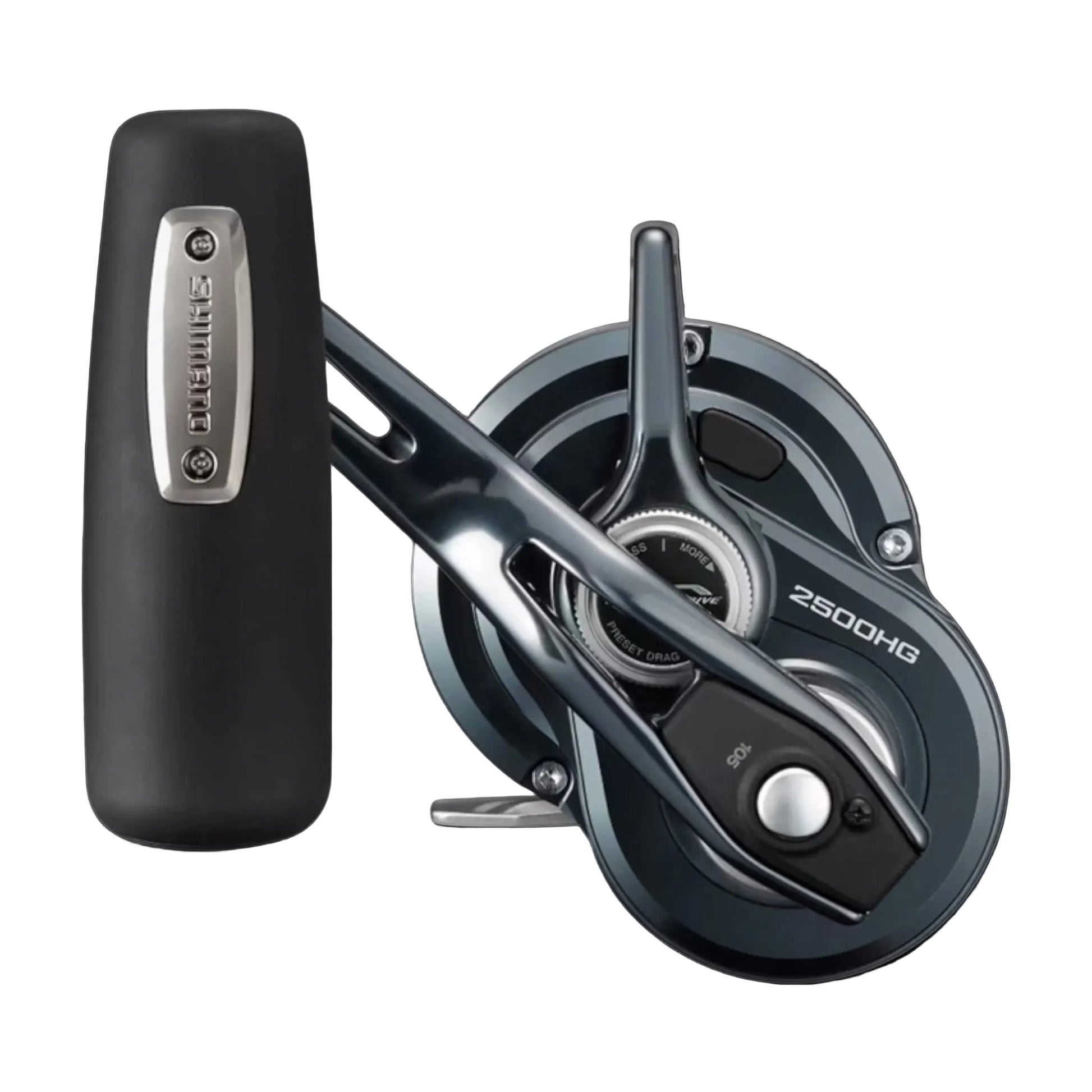 Dogfish Tackle & Marine Shimano Ocea Jigger 2500HG lever drag fishing reel in gunmetal grey with a black handle grip.
