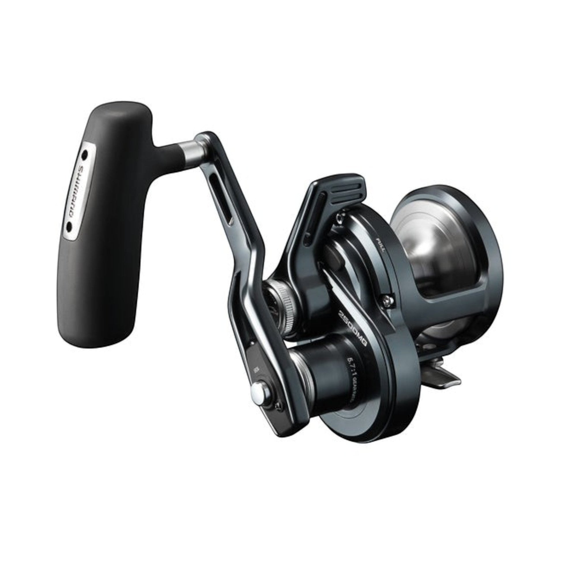 Dogfish Tackle & Marine Shimano Ocea Jigger 2500HG lever drag fishing reel in gunmetal with black handle.