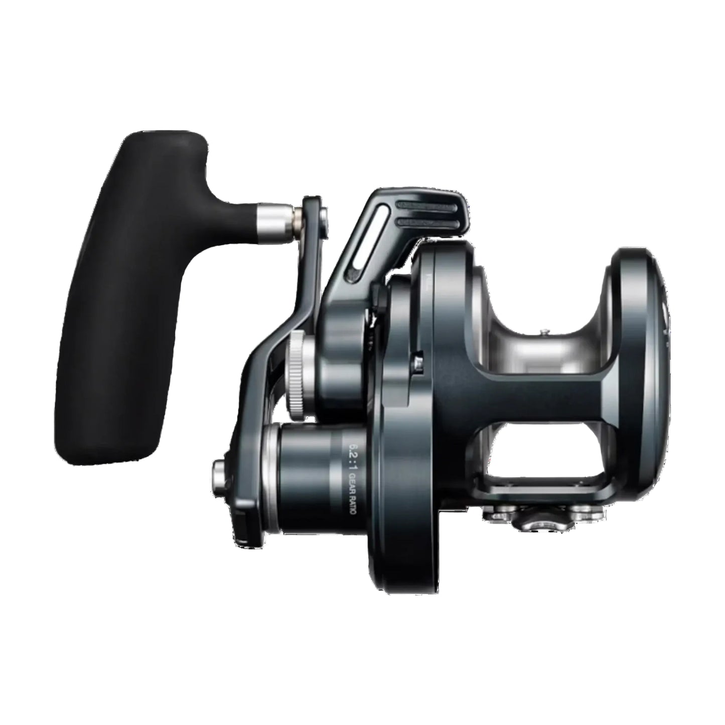 Dogfish Tackle & Marine Shimano Ocea Jigger Lever Drag fishing reel, gunmetal, with black handle and silver accents. Designed for deep water fishing.