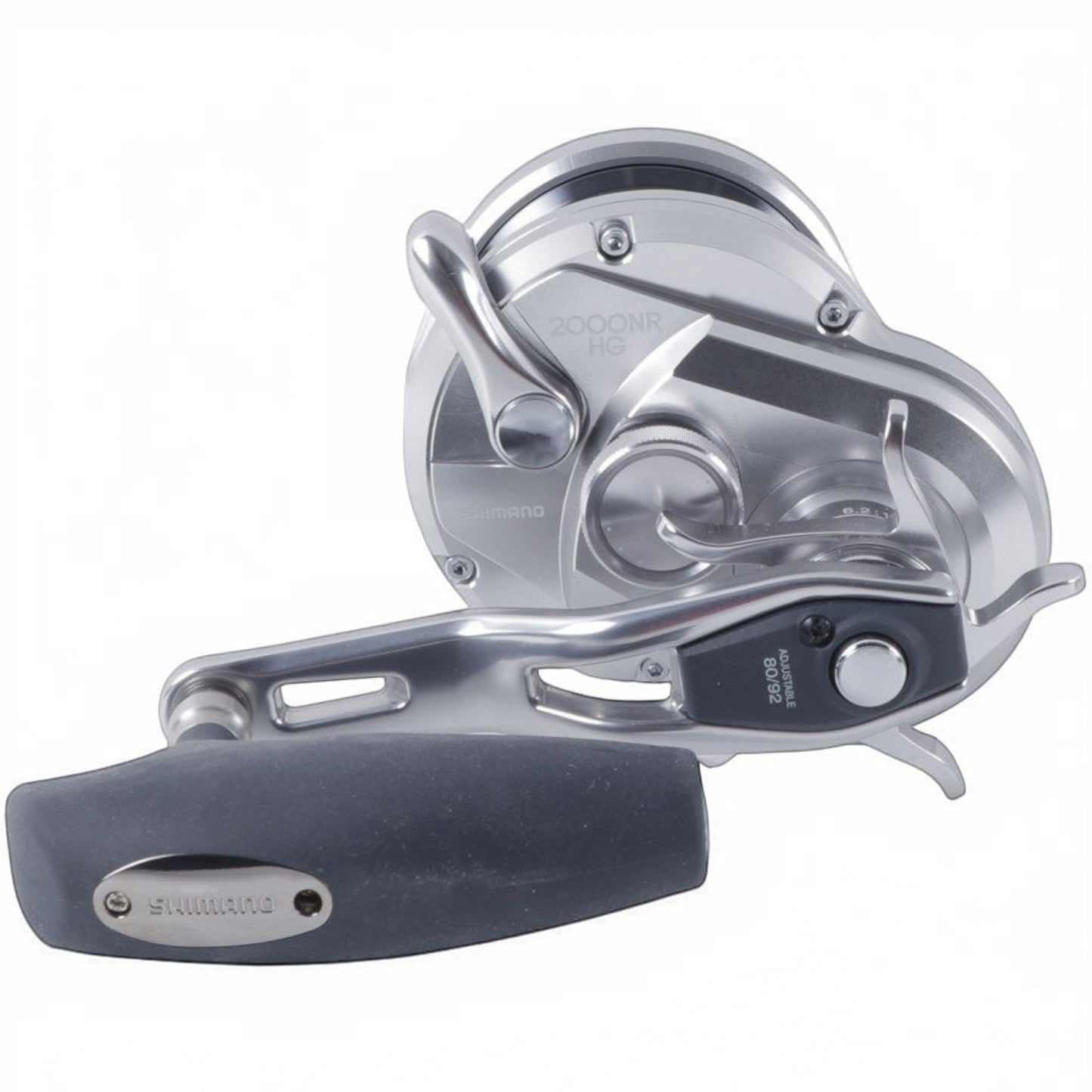 Dogfish Tackle & Marine silver Shimano Ocea Jigger Star Drag conventional fishing reel with adjustable handle and ergonomic grip.